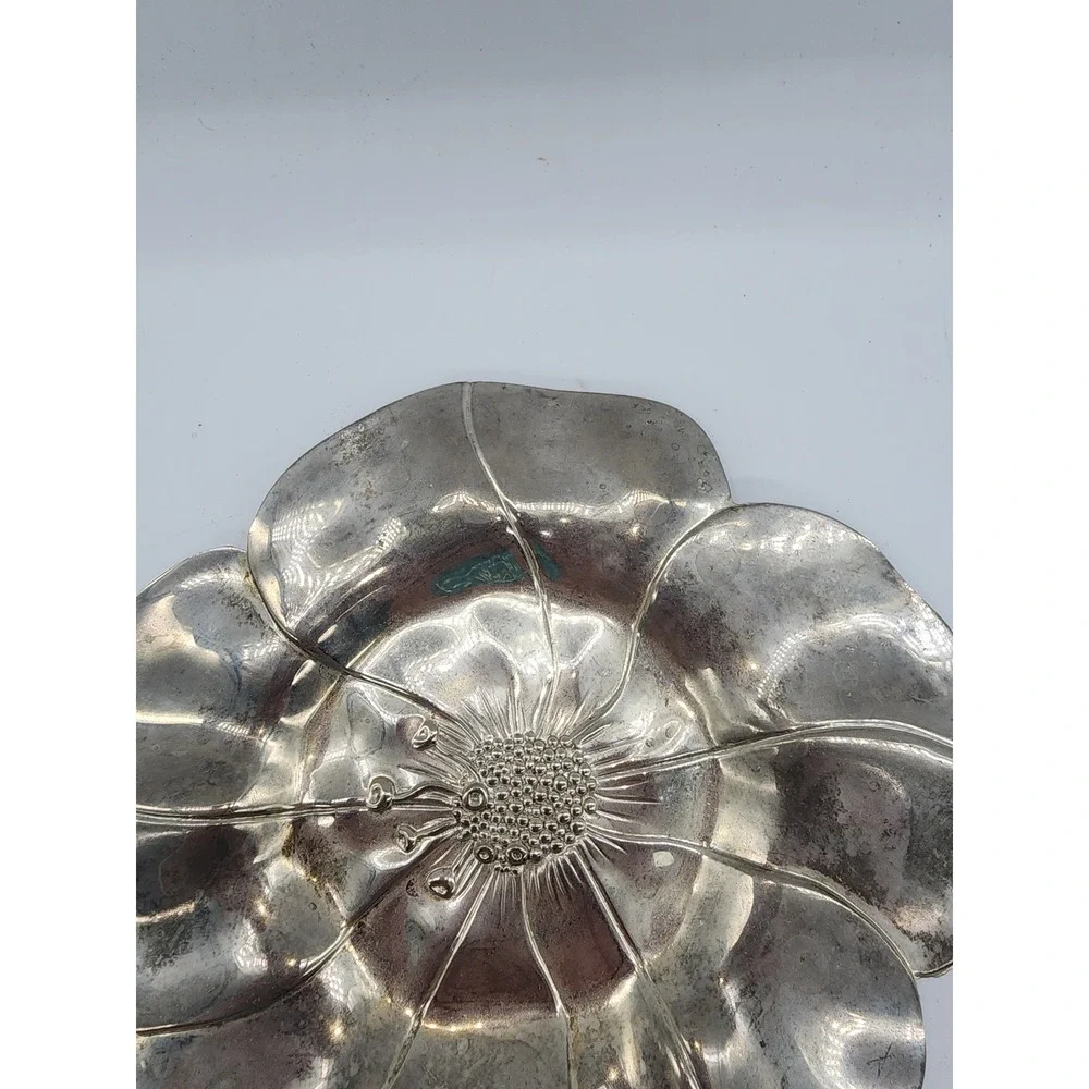 Vintage Silver Tone Poppy Flower Trinket Dish Decorative Metal Floral Tray 7.25